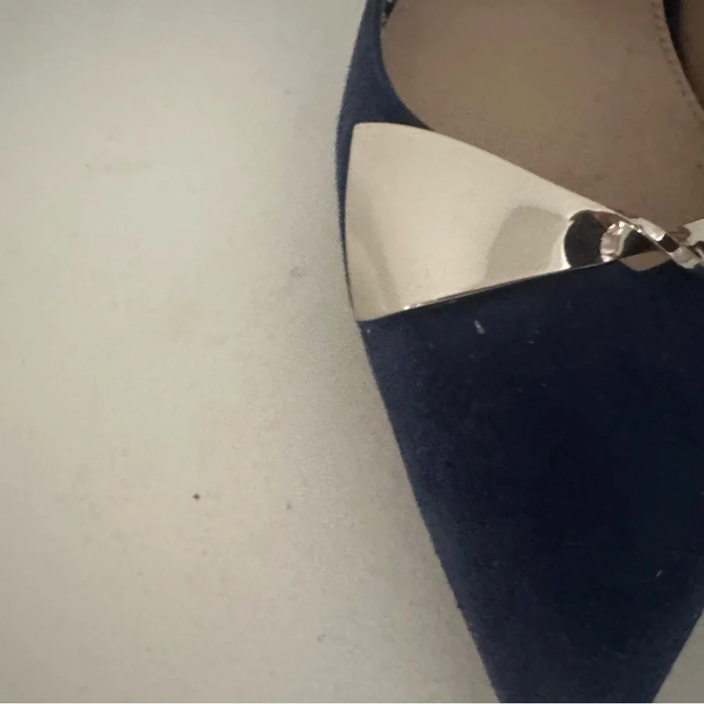 Stuart Weitzman Navy Blue Suede Pointed Toe Heels with Silver Accent - Picture 4 of 11